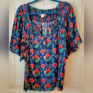 Anthropologie Maeve Blue Red Floral Blouse Sz L